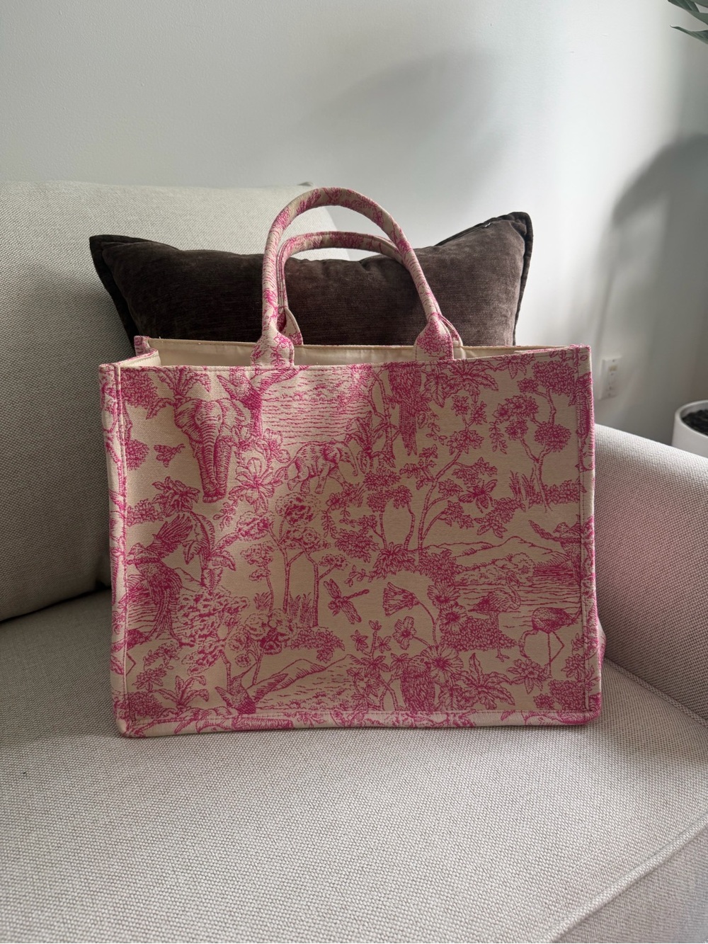 H&M Cream and Pink Toile Canvas Tote